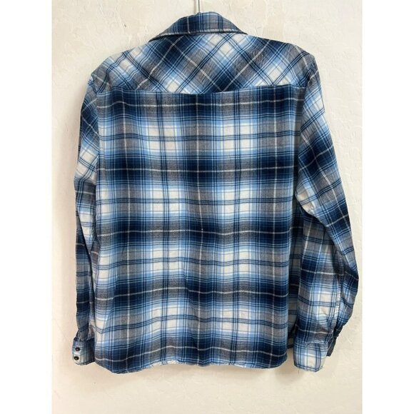 Jachs Girlfriend XL Shades of Blue Plaid Flannel Shirt Pearl Snap Western 100% C - Picture 7 of 8